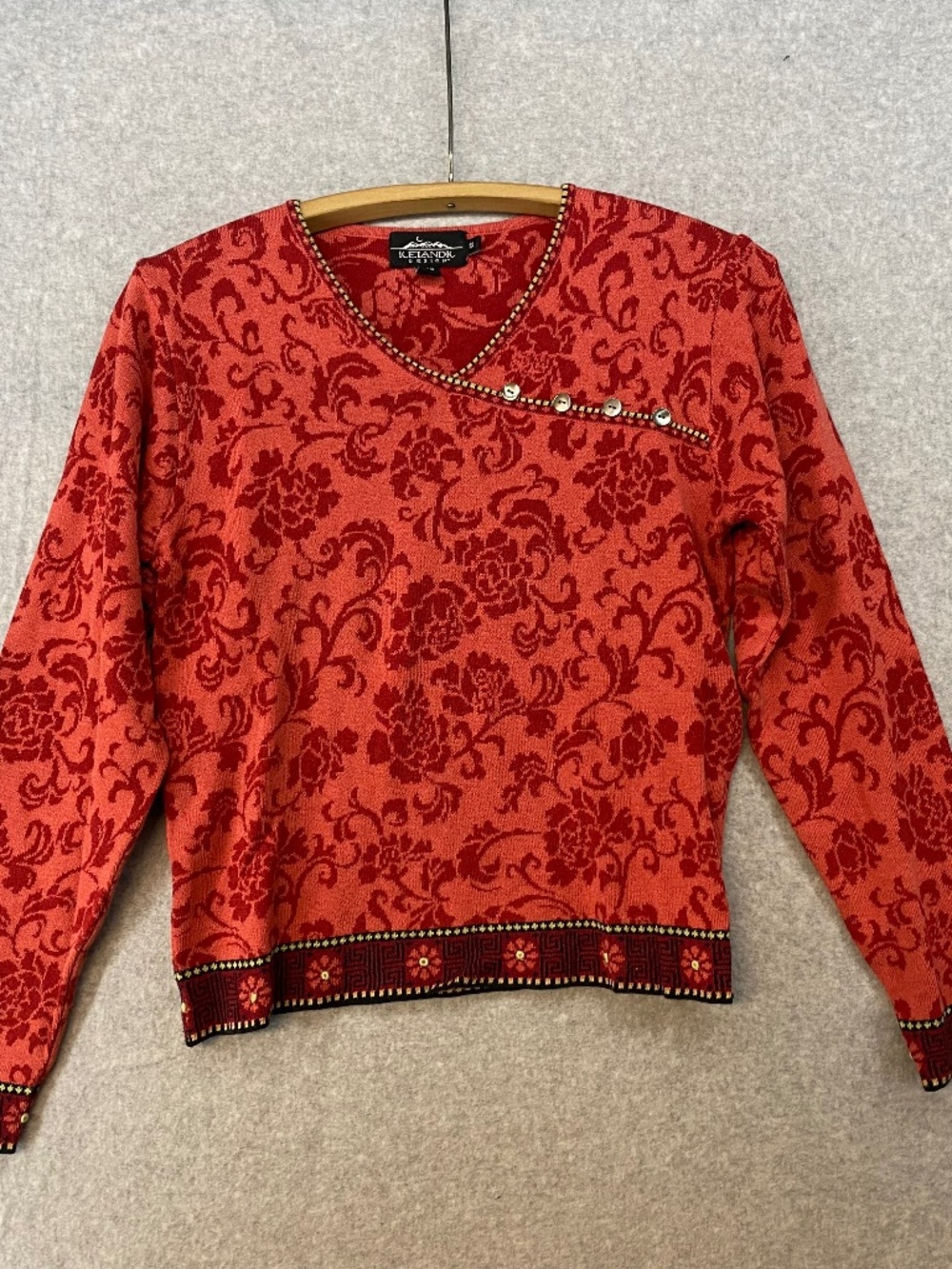 Icelandic S Cotton Blend Sweater • Floral Nordic • Red • Pullover •